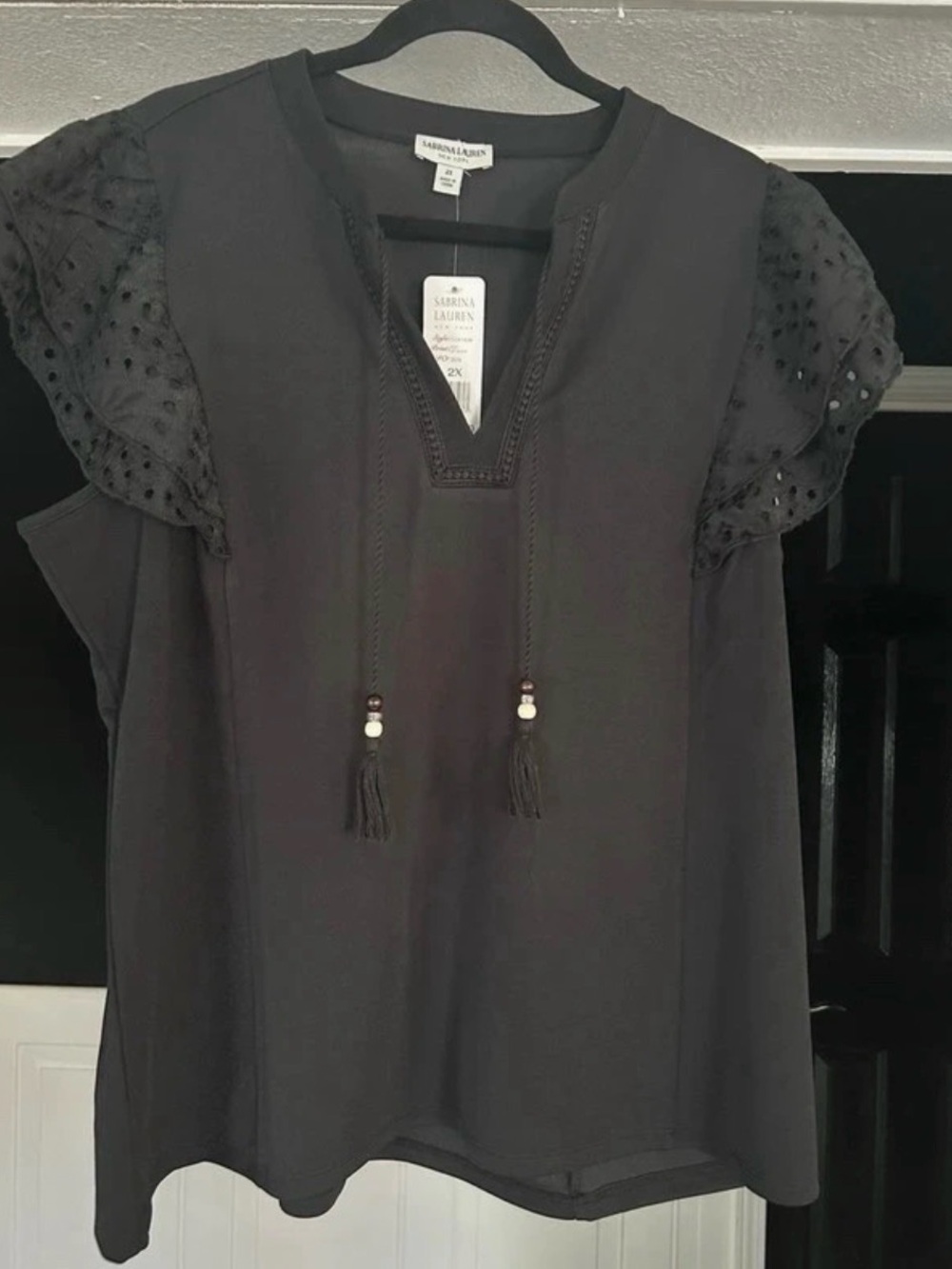 Sabrina Lauren Black Eyelet Flutter-Sleeve Peasant Blouse